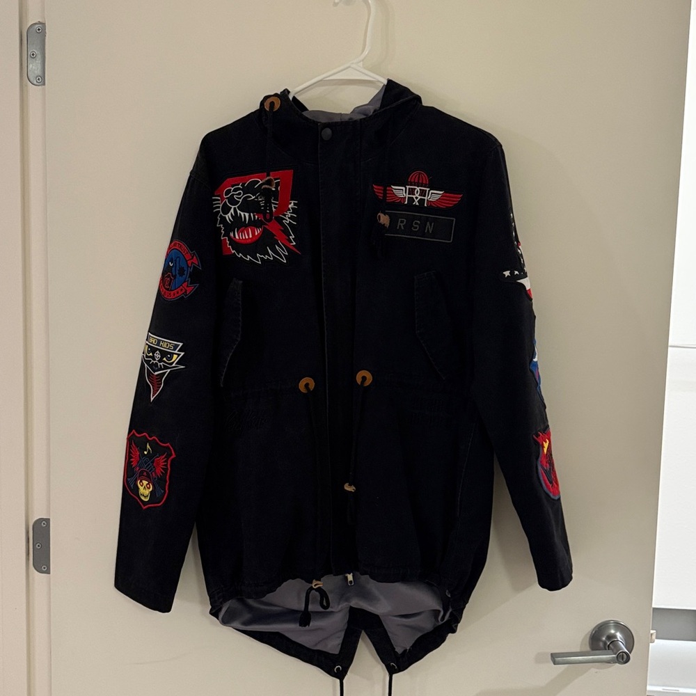 Black Hooded Jacket with Colorful Patches